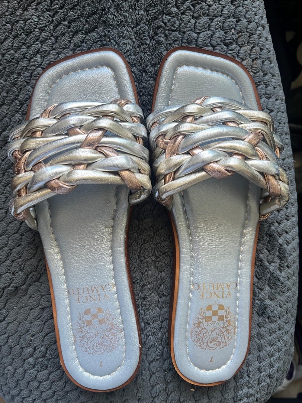 Vince Camuto Metallic Braided Slide Sandals in Silver and Rose Gold